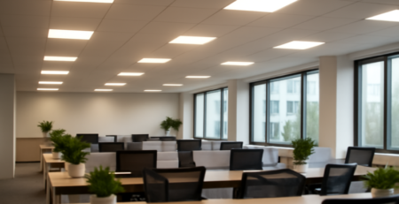 Modern kantoor verlicht met energiezuinige LED-panelen aan het plafond