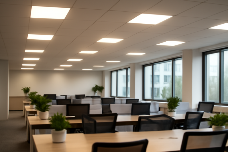 Modern kantoor verlicht met energiezuinige LED-panelen aan het plafond