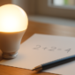 LED-lamp naast een berekening op papier voor het bepalen van de terugverdientijd