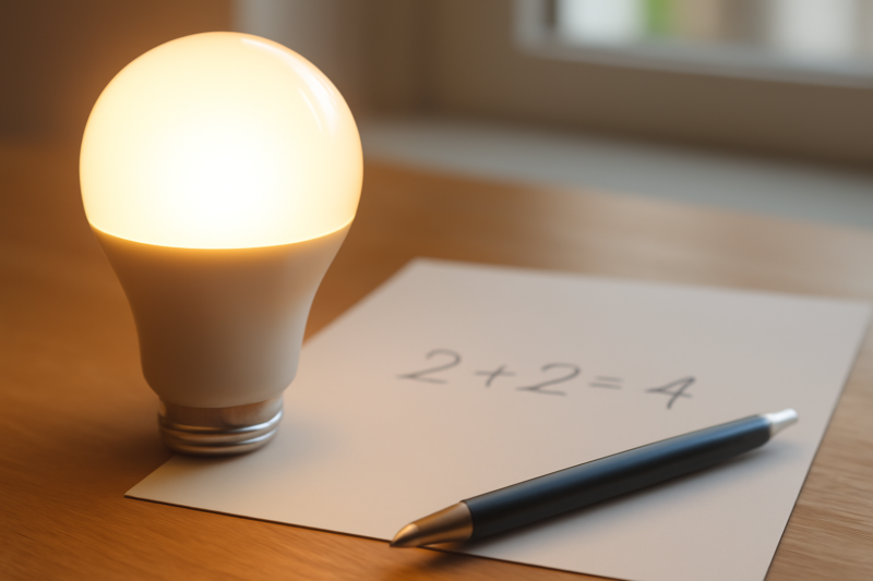 LED-lamp naast een berekening op papier voor het bepalen van de terugverdientijd