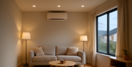 Moderne woonkamer met LED-verlichting en warmtepomp aan de muur op de achtergrond