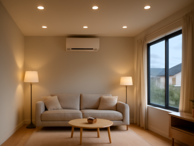 Moderne woonkamer met LED-verlichting en warmtepomp aan de muur op de achtergrond