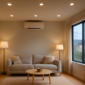 Moderne woonkamer met LED-verlichting en warmtepomp aan de muur op de achtergrond