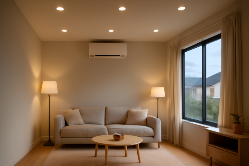Moderne woonkamer met LED-verlichting en warmtepomp aan de muur op de achtergrond
