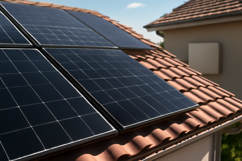 Moderne bifaciale zonnepanelen op een residentieel dak met thuisbatterij in 2026