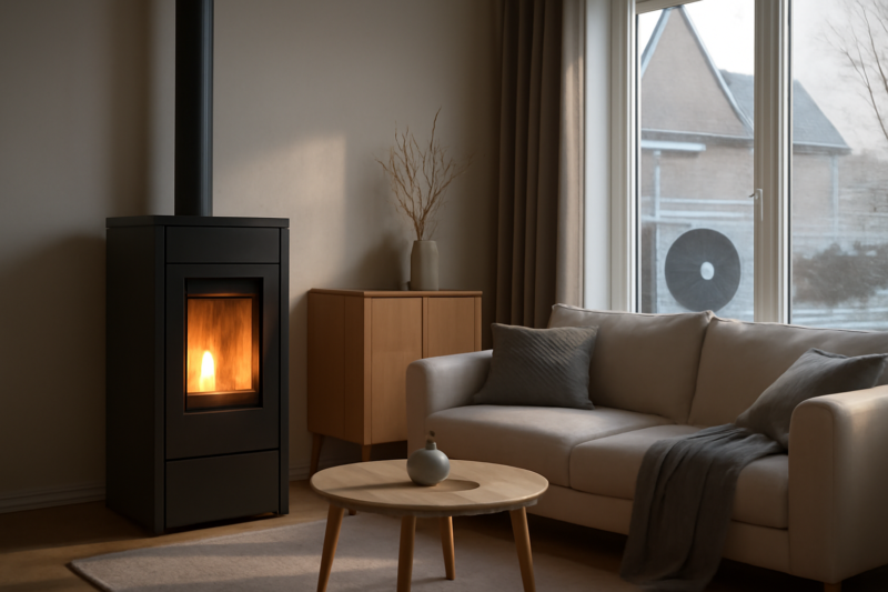 Pelletkachel en warmtepomp als hybride verwarmingssysteem in een moderne woning