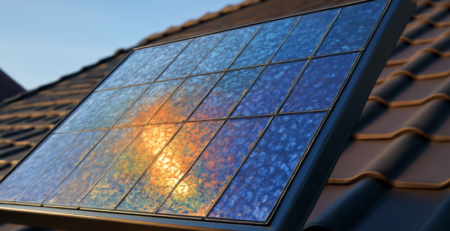 Perovskiet zonnepaneel met kristalstructuur op een modern woonhuisdak in zonlicht