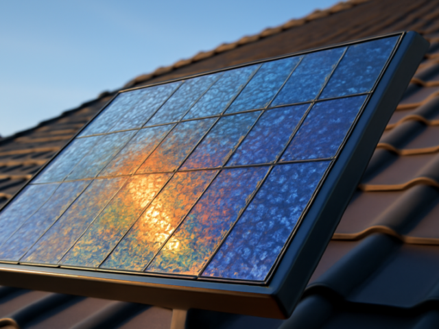 Perovskiet zonnepaneel met kristalstructuur op een modern woonhuisdak in zonlicht