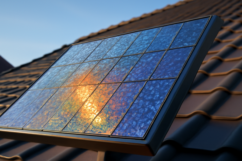 Perovskiet zonnepaneel met kristalstructuur op een modern woonhuisdak in zonlicht