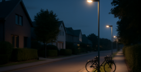 Slimme LED-lantaarnpalen verlichten een rustige woonstraat in de schemering