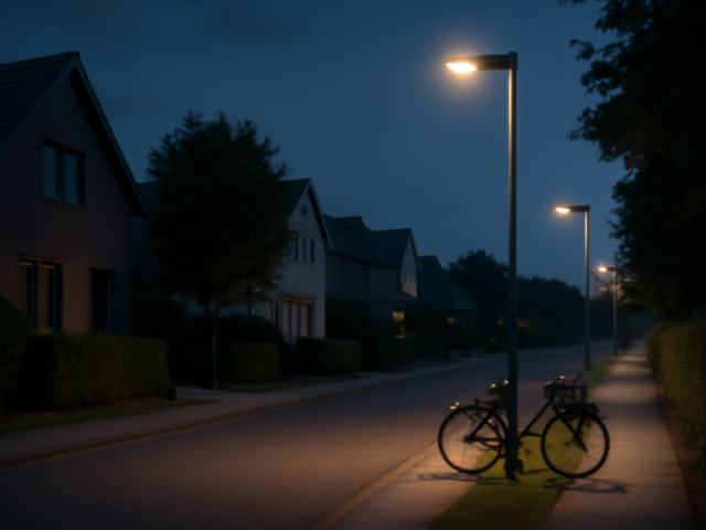 Slimme LED-lantaarnpalen verlichten een rustige woonstraat in de schemering