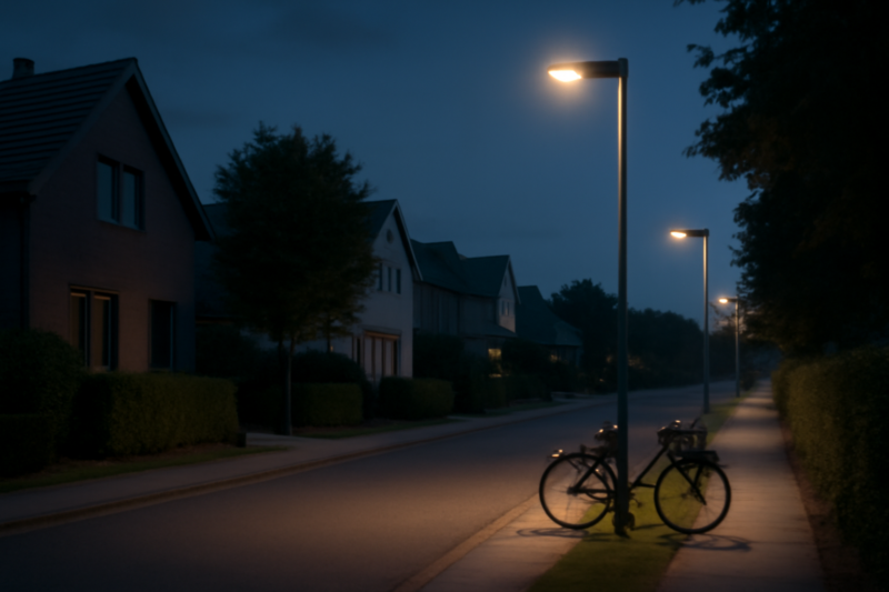 Slimme LED-lantaarnpalen verlichten een rustige woonstraat in de schemering