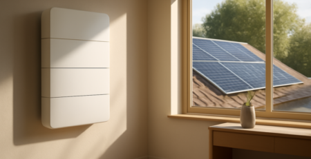 Thuisaccu aan de muur in een moderne woning met zonnepanelen op het dak buiten