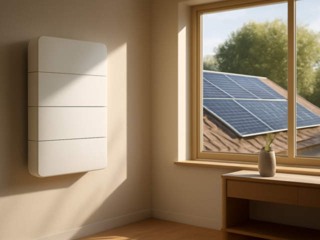 Thuisaccu aan de muur in een moderne woning met zonnepanelen op het dak buiten