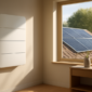 Thuisaccu aan de muur in een moderne woning met zonnepanelen op het dak buiten