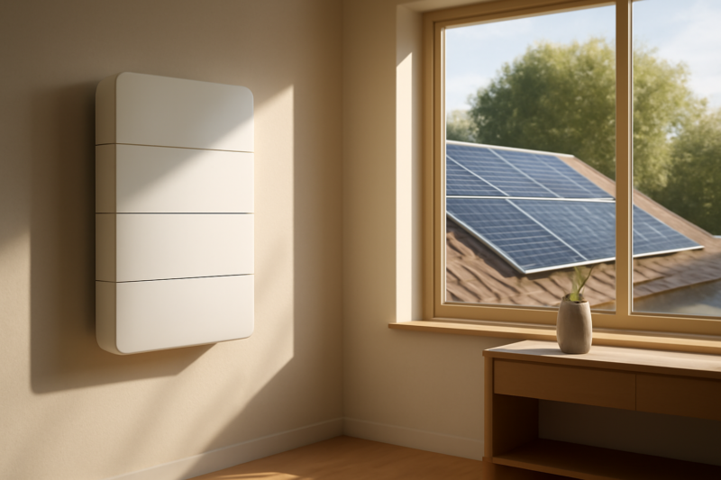 Thuisaccu aan de muur in een moderne woning met zonnepanelen op het dak buiten