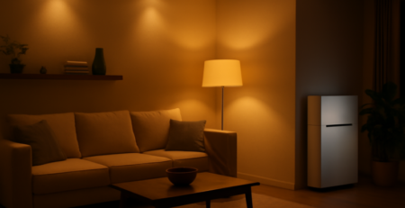 Moderne woonkamer 's avonds verlicht door LED-spots, met een thuisaccu zichtbaar aan de muur
