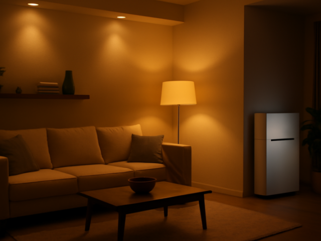 Moderne woonkamer 's avonds verlicht door LED-spots, met een thuisaccu zichtbaar aan de muur