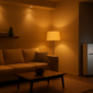 Moderne woonkamer 's avonds verlicht door LED-spots, met een thuisaccu zichtbaar aan de muur
