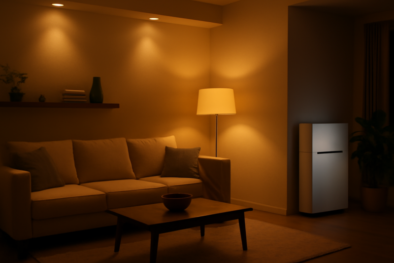 Moderne woonkamer 's avonds verlicht door LED-spots, met een thuisaccu zichtbaar aan de muur