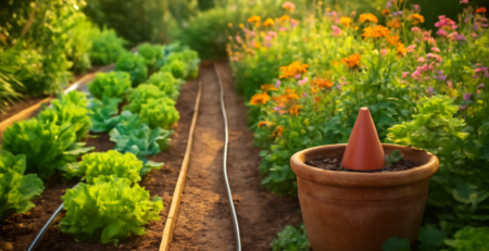 Duurzaam tuinbewateringssysteem met druppelirrigatie en mulch in een zomertuin
