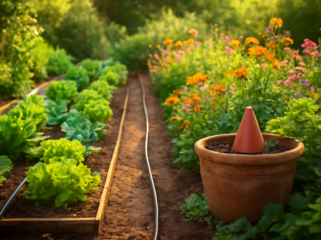 Duurzaam tuinbewateringssysteem met druppelirrigatie en mulch in een zomertuin