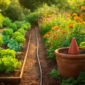 Duurzaam tuinbewateringssysteem met druppelirrigatie en mulch in een zomertuin