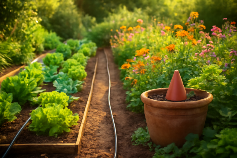 Duurzaam tuinbewateringssysteem met druppelirrigatie en mulch in een zomertuin