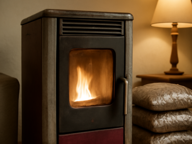 Tweedehands pelletkachel in een woonkamer met een zak pellets ernaast