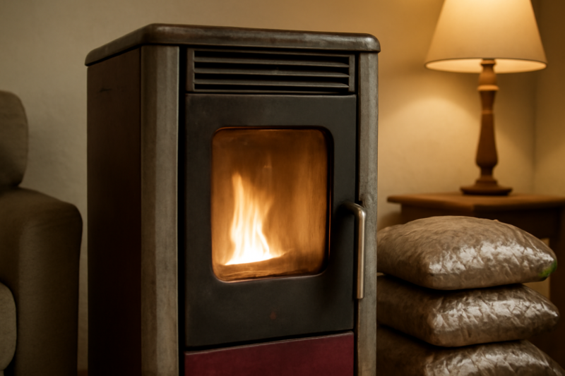 Tweedehands pelletkachel in een woonkamer met een zak pellets ernaast