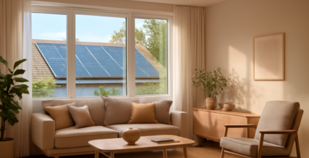 Woonkamer met LED-verlichting en zonnepanelen zichtbaar op het dak buiten