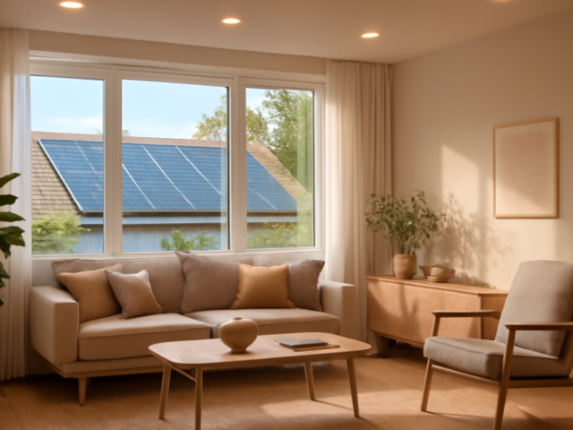 Woonkamer met LED-verlichting en zonnepanelen zichtbaar op het dak buiten
