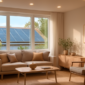 Woonkamer met LED-verlichting en zonnepanelen zichtbaar op het dak buiten