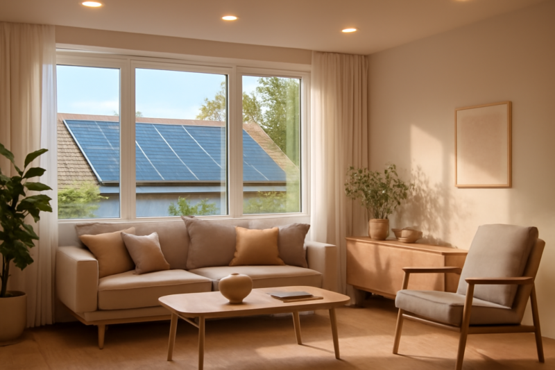 Woonkamer met LED-verlichting en zonnepanelen zichtbaar op het dak buiten