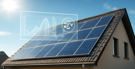 Zonnepanelen op een modern dak met digitale rendementsmeting en heldere blauwe lucht