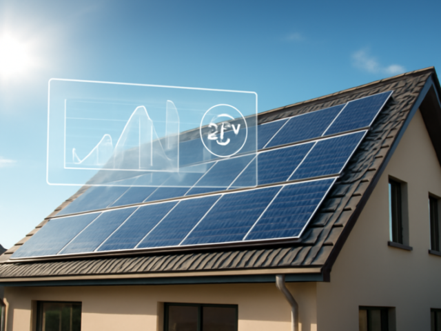 Zonnepanelen op een modern dak met digitale rendementsmeting en heldere blauwe lucht