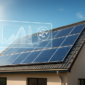 Zonnepanelen op een modern dak met digitale rendementsmeting en heldere blauwe lucht