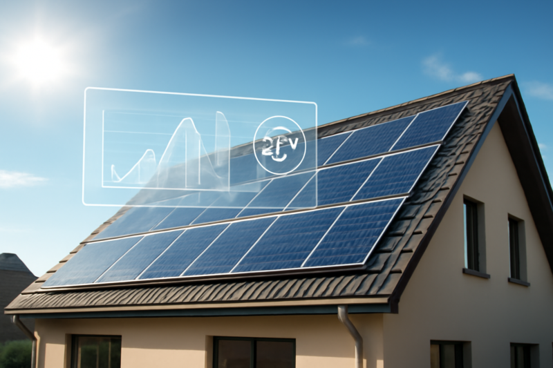 Zonnepanelen op een modern dak met digitale rendementsmeting en heldere blauwe lucht