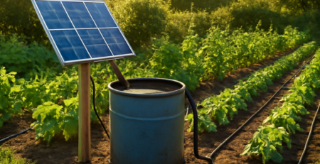 Zonnepaneel verbonden met een tuinpomp en druppelirrigatie in een groene tuin