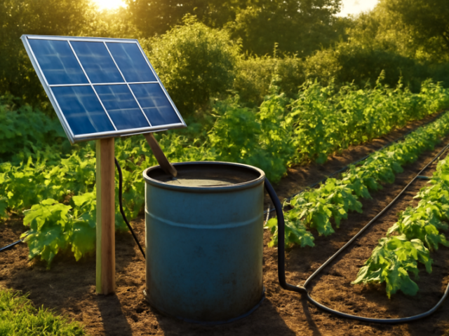 Zonnepaneel verbonden met een tuinpomp en druppelirrigatie in een groene tuin