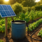 Zonnepaneel verbonden met een tuinpomp en druppelirrigatie in een groene tuin