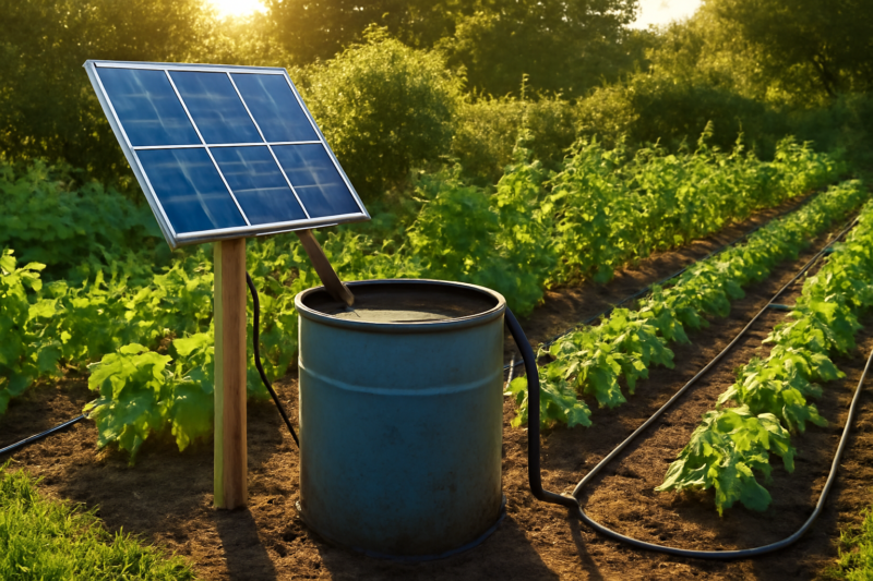 Zonnepaneel verbonden met een tuinpomp en druppelirrigatie in een groene tuin