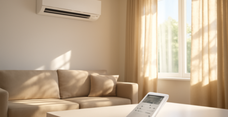 Airco aan de muur in woonkamer tijdens hittegolf met afstandsbediening op tafel