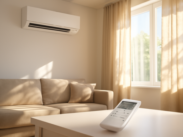 Airco aan de muur in woonkamer tijdens hittegolf met afstandsbediening op tafel