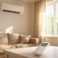 Airco aan de muur in woonkamer tijdens hittegolf met afstandsbediening op tafel