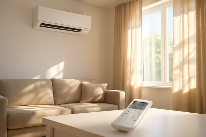 Airco aan de muur in woonkamer tijdens hittegolf met afstandsbediening op tafel