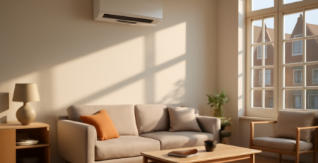 Strakke split-unit airco aan de muur van een lichte, moderne woonkamer