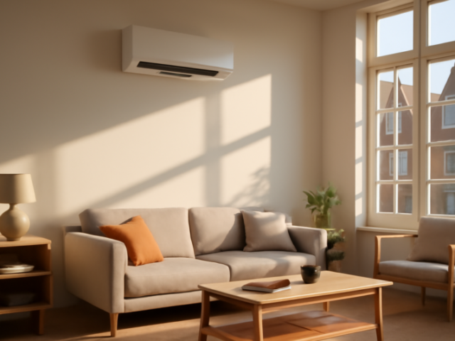 Strakke split-unit airco aan de muur van een lichte, moderne woonkamer