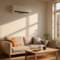 Strakke split-unit airco aan de muur van een lichte, moderne woonkamer