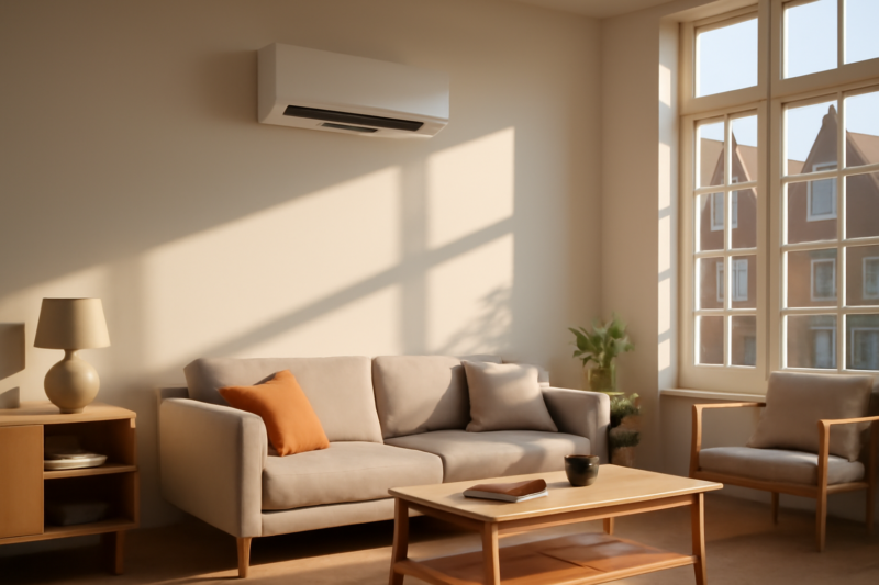 Strakke split-unit airco aan de muur van een lichte, moderne woonkamer